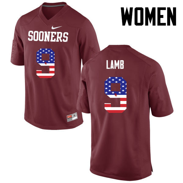 Women Oklahoma Sooners #9 CeeDee Lamb College Football USA Flag Fashion Jerseys-Crimson